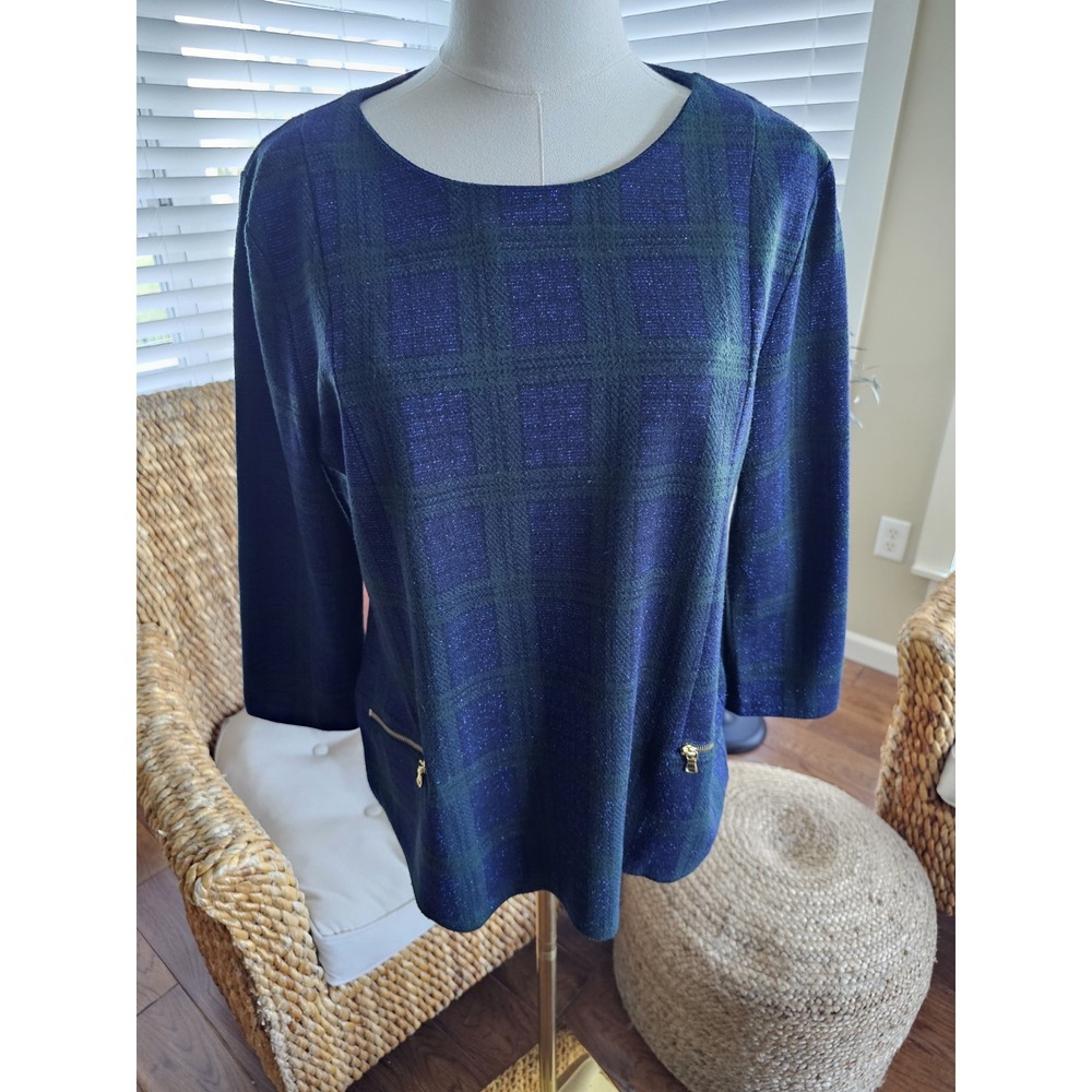 Talbots Black Watch Plaid Zip Pocket Jaguared Top Women's Size Petite L Holiday